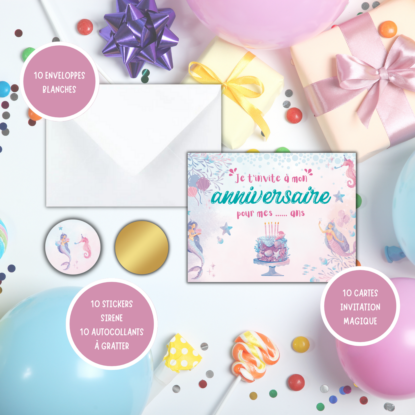 Kit Création 10 Cartes d'Invitation pour Anniversaire Sirène 🧜‍♀️