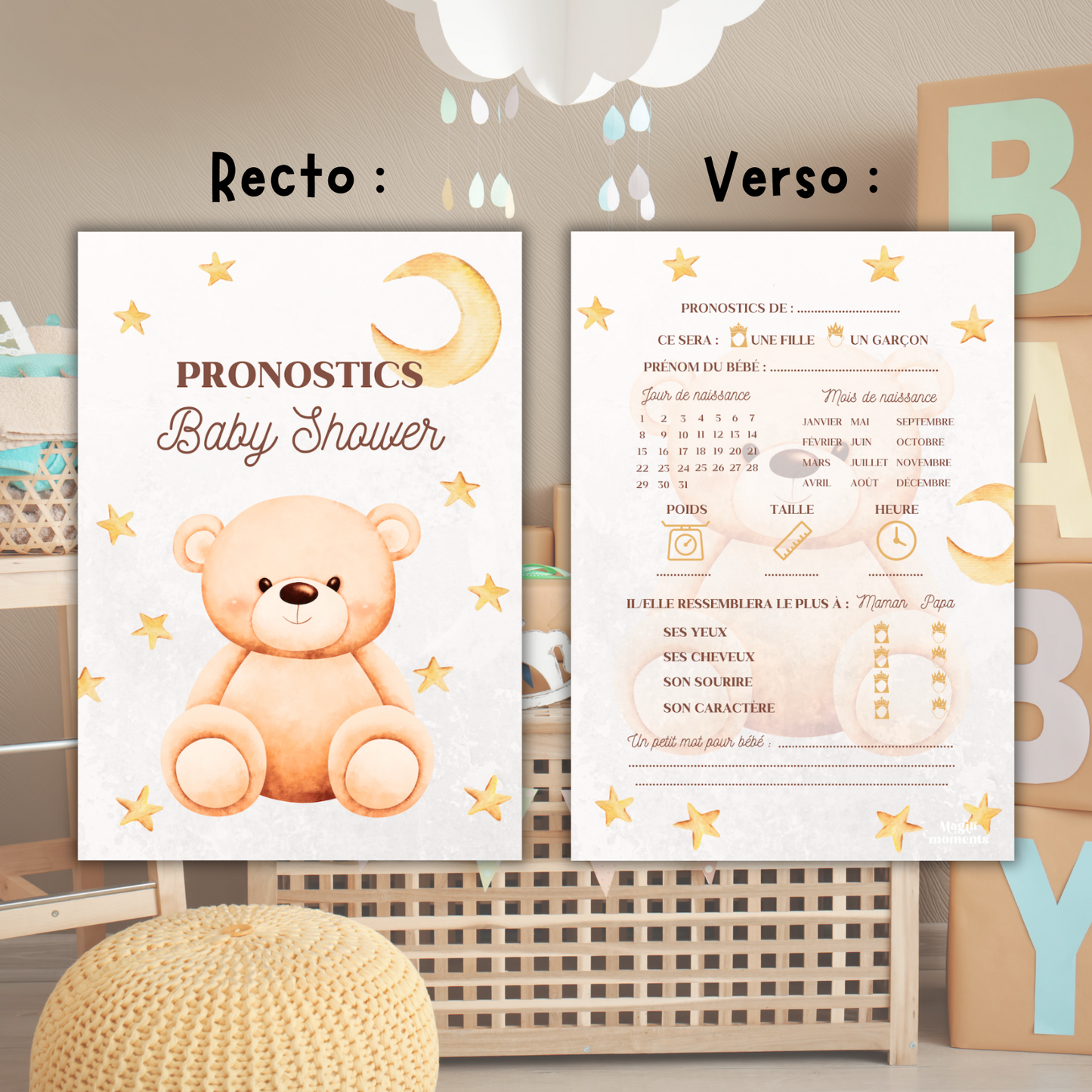 20 Cartes Pronostics Baby Shower Ourson 🧸