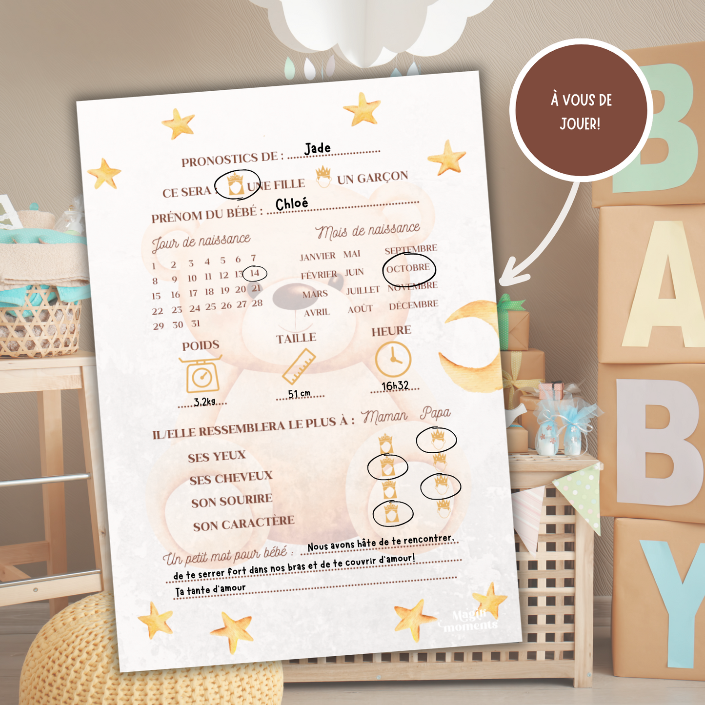 20 Cartes Pronostics Baby Shower Ourson 🧸