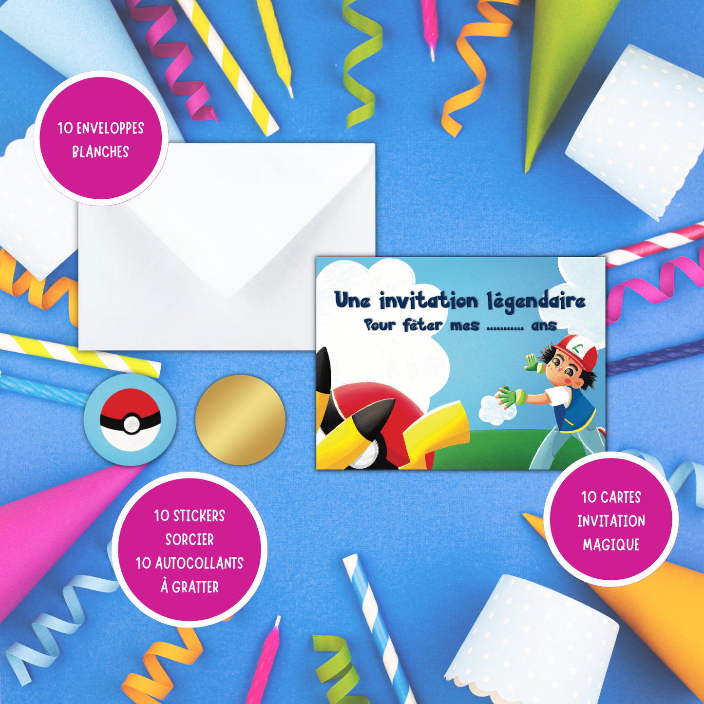 Kit Création 10 Cartes d'Invitation pour Anniversaire Poké 🎒